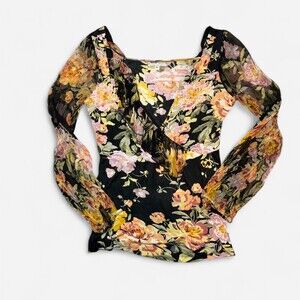 Vintage Alberto Makali Black Beaded Floral Long Sleeve Blouse Size M